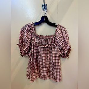 Pink, Blue, and Plaid Puff-Sleeve Doen Blouse